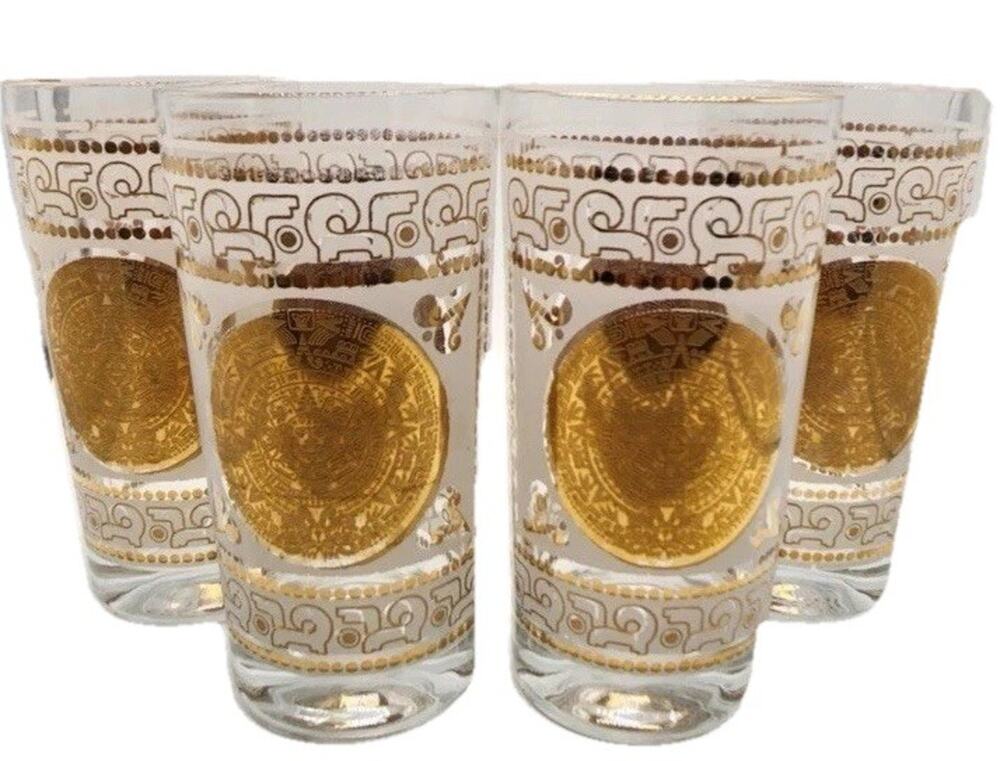 Set of 7 Hazel Atlas Aztec Calendar 22k Gold Highball Glasses Mid-Century Bar
